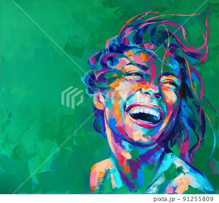 Oil portrait painting in multicolored tones. Abstract picture of a beautiful girl. Conceptual closeup of an oil painting and palette knife on canvas. 91255809