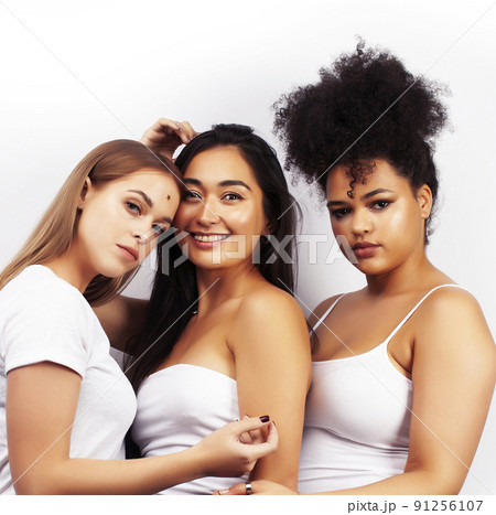 different nation woman: african-american, caucasian, asian together isolated on white background happy smiling, diverse type on skin, lifestyle people concept close up 91256107