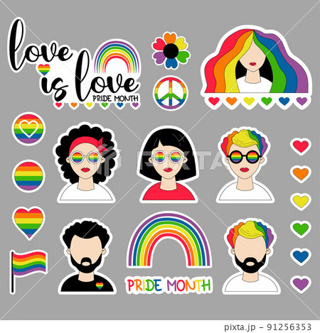 LGBT Pride Month collection stickers. LGBTQ community vector symbols, lesbian girls and gay man, pride flags, rainbow, love elements and heart. Gay Pride Month, groovy celebration. LGBT icons isolated 91256353