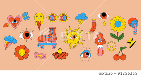 Retro 70s vibe, hippie stickers, psychedelic groovy elements. Cartoon funky flowers and mushrooms, old fashioned roller skate, rainbow, vintage hippy style element. Vector Isolated positive symbols Retro 70s vibe, hippie stickers, psychedelic groovy elements. Cartoon funky flowers and mushrooms, old fashioned roller skate, rainbow, vintage hippy style element. Vector Isolated positive symbols 91256355