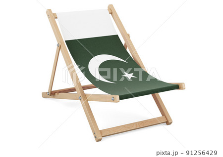 Deckchair with Pakistani flag. Pakistan vacation, tours, travel packages, concept. 3D rendering Deckchair with Pakistani flag. Pakistan vacation, tours, travel packages, concept. 3D rendering 91256429