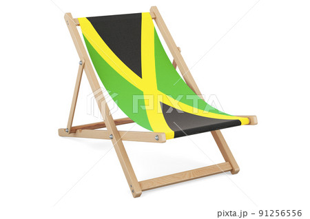 Deckchair with Jamaican flag. Jamaica vacation, tours, travel packages, concept. 3D rendering 91256556