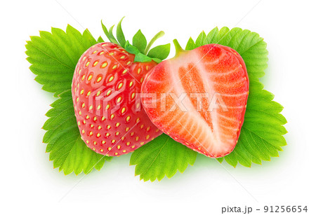 Isolated halved strawberry on leaf 91256654
