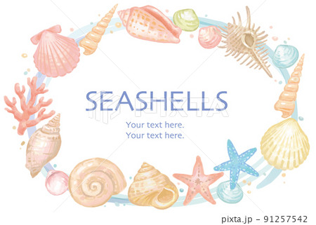 海の貝、ヒトデ、サンゴのフレーム。水彩画風、ベクターイラスト素材。 91257542