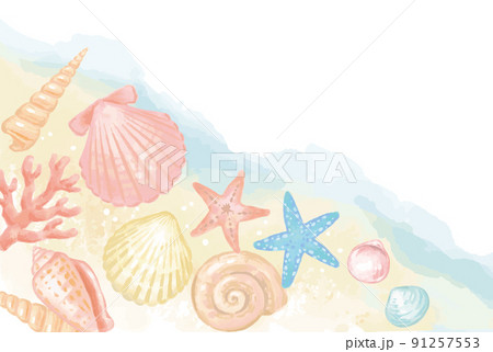 海の貝、ヒトデ、サンゴのフレーム、背景。水彩画風、ベクターイラスト素材。 91257553