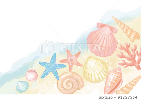 海の貝、ヒトデ、サンゴのフレーム、背景。水彩画風、ベクターイラスト素材。 91257554