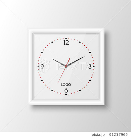 Vector 3d Realistic Square White Wall Office Clock Design Template Isolated on White. Dial with Roman Numerals. Mock-up of Wall Clock for Branding and Advertise Isolated. Clock Face Design 91257966