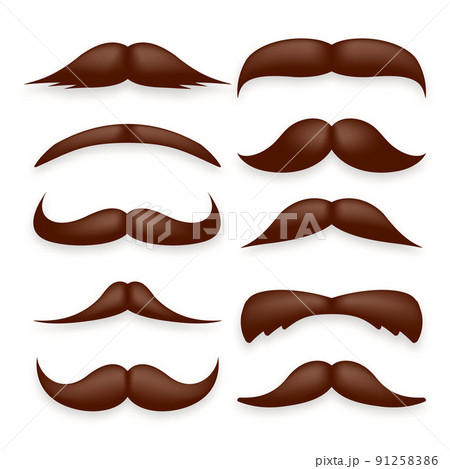 Various brown mustache collection. Vintage, retro mustaches. Facial hair, hipster beard. Vector illustration 91258386