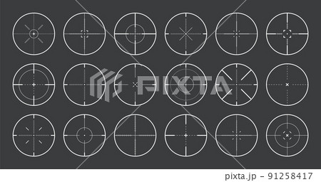 Various sniper rifle sights, weapon optical scope crosshair. Hunting gun viewfinder. Shooting mark symbol, aim. Military target sign. Game interface UI element. Vector illustration Various sniper rifle sights, weapon optical scope crosshair. Hunting gun viewfinder. Shooting mark symbol, aim. Military target sign. Game interface UI element. Vector illustration 91258417