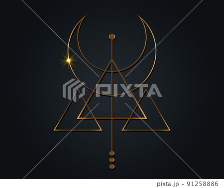 Golden Magic Crescent Moon. Symbol of the Viking deity, Celtic Sacred Geometry, gold logo, alchemy esoteric triangles. Spiritual occultism object vector illustration isolated on black background 91258886