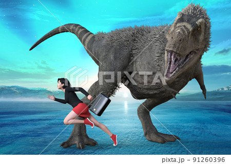 巨大な恐竜を恐れず、前に向かって青色に染まる大地をビジネスウーマンが走り抜ける。 91260396
