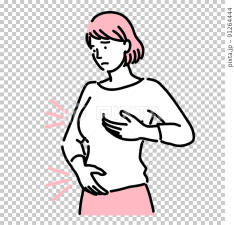 A young woman suffering from chest and abdominal tension 91264444