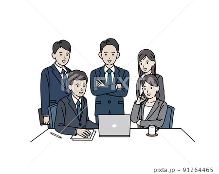 ミーティング　打ち合わせ　仕事風景　ノートパソコンを見る　スーツ姿の男女　同僚 91264465