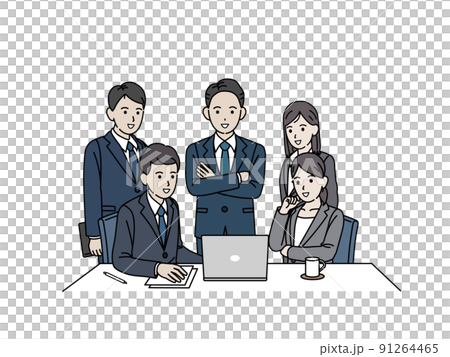 ミーティング　打ち合わせ　仕事風景　ノートパソコンを見る　スーツ姿の男女　同僚 91264465
