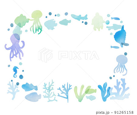 水彩画。水彩タッチのマリンフレーム。海の生き物の装飾フレーム。夏の水彩マリン背景。 91265158