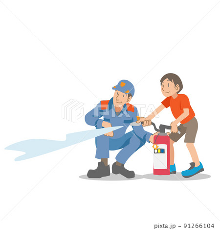 消火訓練に参加する子供と消防署員 91266104
