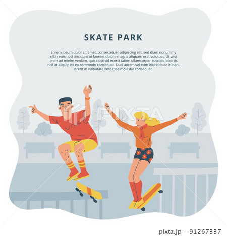 Skateboarding colorful illustration of skater teens jumping on ramp. Skate park, shop, school advertising template with space for text. Skateboarding colorful illustration of skater teens jumping on ramp. Skate park, shop, school advertising template with space for text. 91267337