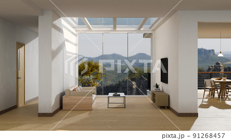 Modern luxury spacious penthouse living room interior design with modern furnitures. 91268457