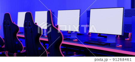 Modern internet cafe interior with blank computer monitor mockup on the table with RGB lights 91268461