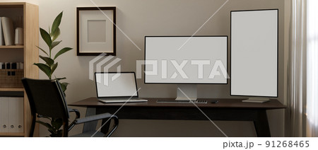 Professional modern programmer or tech engineer office desk interior with pc computer monitor 91268465