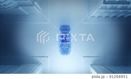 Translucent car with wire-frame on the model in the dark city background. Translucent car with wire-frame on the model in the dark city background. 91268951