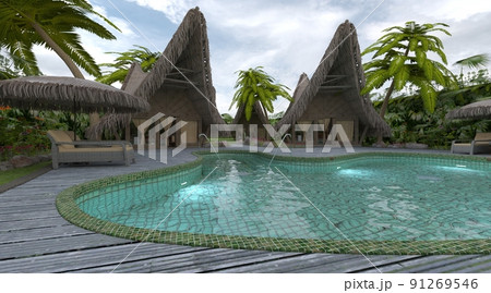 Tropical bungalow with pool in the yard 3d illustration Tropical bungalow with pool in the yard 3d illustration 91269546