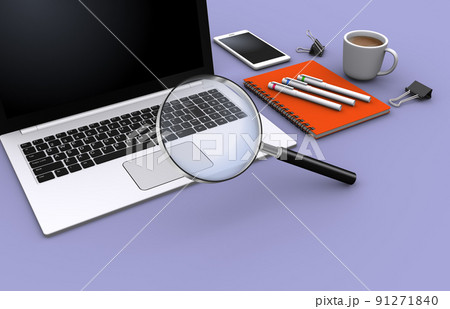 ビジネスワークと虫メガネ、パソコンとビジネス関連のグッズ 91271840