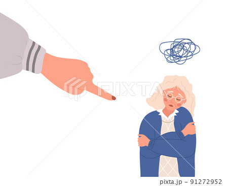 Social bullying. Finger pointing on sad elderly woman. Depressed aged lady hugging herself. Violence in society. Vector illustration in flat cartoon style 91272952