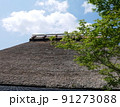 青空と白い雲と藁ぶきの屋根と新緑の木々 91273088