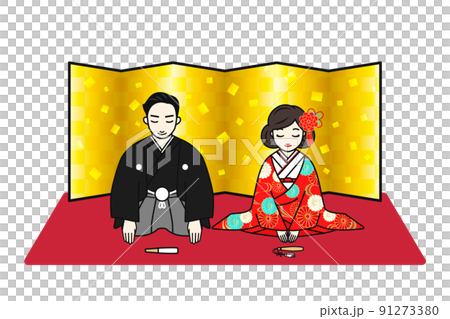 圖為身著和服的新娘和新郎在金色屏風前並肩鞠躬。 圖為身著和服的新娘和新郎在金色屏風前並肩鞠躬。 91273380