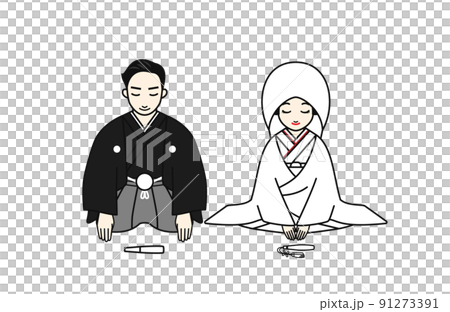 Illustration of a bride and groom in kimono bowing side by side. 91273391