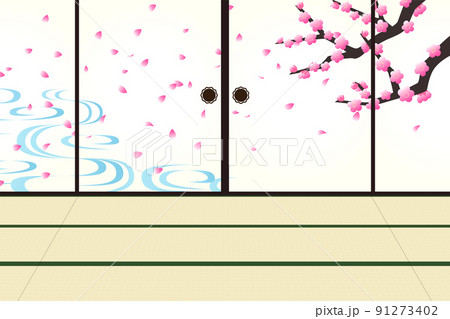 梅の花と流水紋様が描かれた襖絵と畳がある広い和室のイラスト 91273402