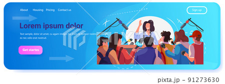 businesswoman or politician giving speech interview to journalists with microphones business conference concept businesswoman or politician giving speech interview to journalists with microphones business conference concept 91273630