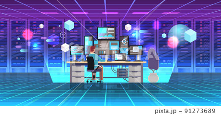 man working in online data center room hosting server computer monitoring neon view through VR glasses metaverse man working in online data center room hosting server computer monitoring neon view through VR glasses metaverse 91273689