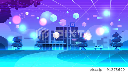 neon cityscape hospital building exterior modern clinic view through VR glasses metaverse virtual reality technology 91273690