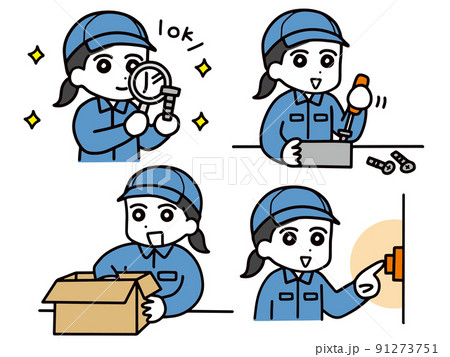 工場で働く作業服の女性のいろんなお仕事のセット 工場で働く作業服の女性のいろんなお仕事のセット 91273751