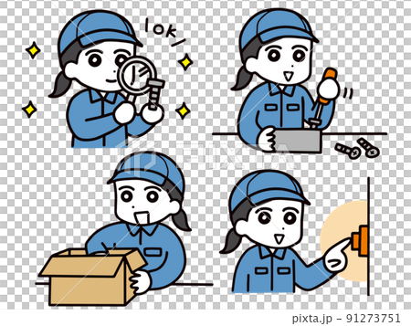 工場で働く作業服の女性のいろんなお仕事のセット 工場で働く作業服の女性のいろんなお仕事のセット 91273751