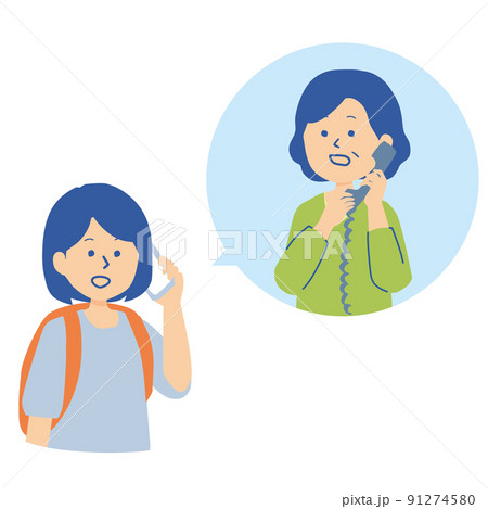災害時に家族と連絡をする女性のイラスト 91274580