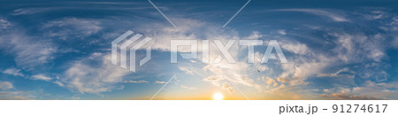 Blue sunset sky panorama with puffy Cumulus clouds. Seamless hdr pano in spherical equirectangular format. Complete zenith for 3D visualization, game and sky replacement for aerial drone 360 panoramas Blue sunset sky panorama with puffy Cumulus clouds. Seamless hdr pano in spherical equirectangular format. Complete zenith for 3D visualization, game and sky replacement for aerial drone 360 panoramas 91274617