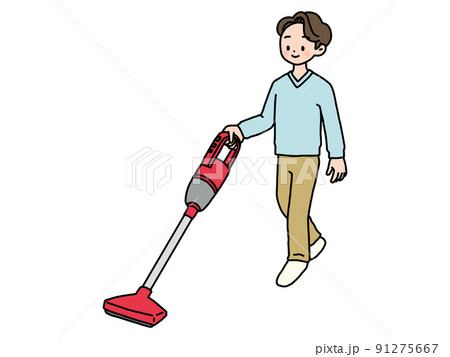 コードレス掃除機をかける男性 91275667