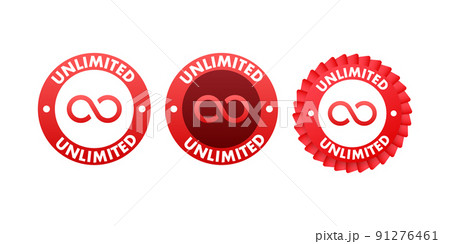 Red ribbon on Unlimited text on white background. Promotion sign. Vector stock illustration 91276461