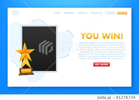 You win with photo frame. Hand is holding a gold prize cup. A win, leadership and a competition concept. Vector illustration. You win with photo frame. Hand is holding a gold prize cup. A win, leadership and a competition concept. Vector illustration. 91276734