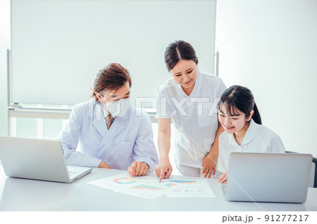 新人の研修をする白衣姿の男性医師と女性看護師 91277217