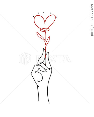 a person s hand holds a flower in the shape of a heart, a sketch with a continuing line. The concept of romantic relationships, ecology and protection of the planet, care for nature, family and 91277649