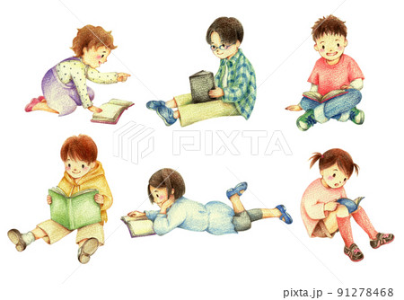 読書する子供たちのセット　手描き色鉛筆画 91278468