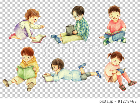 A set of children reading a hand-painted colored pencil drawing 91278468