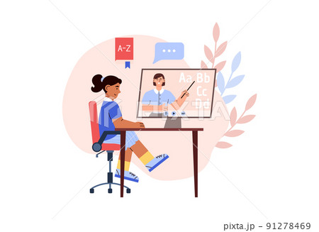 Little girl learning English language online flat style, vector illustration 91278469