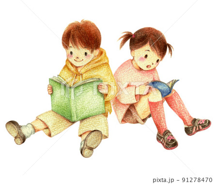 背中合わせで読書する男の子と女の子 手描き色鉛筆画 背中合わせで読書する男の子と女の子 手描き色鉛筆画 91278470