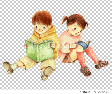 背中合わせで読書する男の子と女の子 手描き色鉛筆画 背中合わせで読書する男の子と女の子 手描き色鉛筆画 91278470
