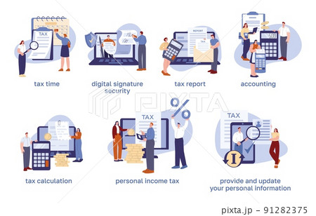 Audit concept. Declaration and accounting, applications or software for audits, account and investment. Tax administration and business revenue kicky vector scenes Audit concept. Declaration and accounting, applications or software for audits, account and investment. Tax administration and business revenue kicky vector scenes 91282375